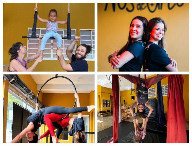 A escola tem aulas de acrobacias de solo e aéreas, como tecido, lira, trapézio, faixa e cubo, além de pole dance e flexibilidade A escola tem aulas de acrobacias de solo e aéreas, como tecido, lira, trapézio, faixa e cubo, além de pole dance e flexibilidade